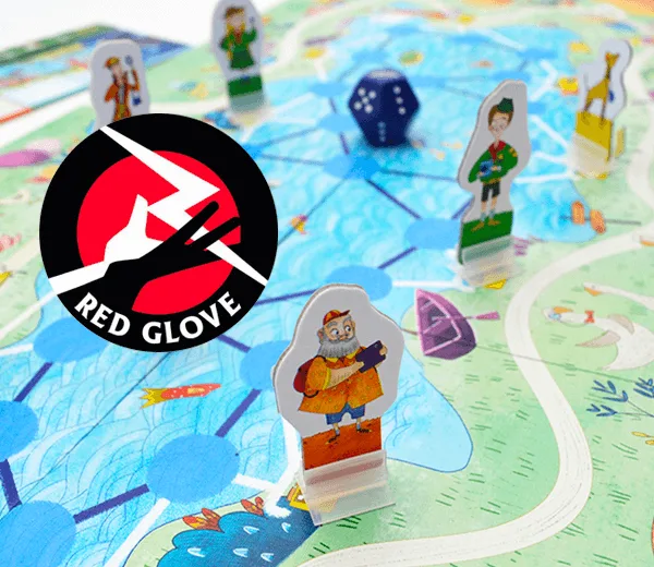 Gioco da tavolo RED GLOVE con pedine illustrate e dado blu